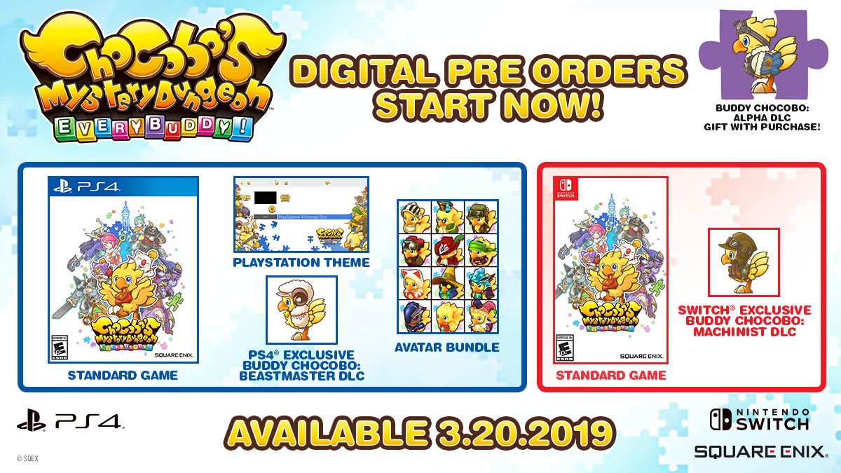 Chocobo's Mystery Dungeon: Every Buddy!, West, North America, Europe, English, release date, price, game, gameplay, features, trailer, pre-order, Nintendo Switch, Switch, PS4, PlayStation 4, Square Enix, update, news, digital pre-order