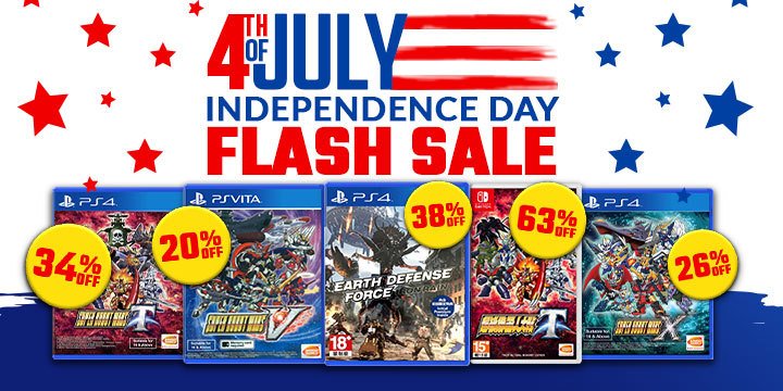 Sale, Independence Sale, 4th of July, Sale, Flash Sale, Super Robot Wars, Super Robot Wars T, Super Robot Wars X, Super Robot Wars V, Earth Defense Force: Iron Rain, PS4, Switch