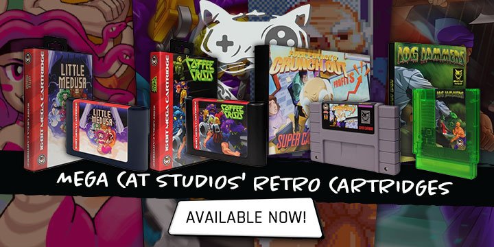 mega cat studios, game cartridge,classic game, US, north america, buy now, now available, little medusa, coffee crisis, log jammers, fork parker's crunch out, mega cat studios games
