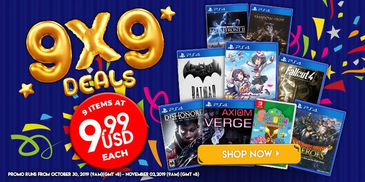 Flash sale, 9x9, Sale, Dragon Quest Heroes: The World Tree's Woe and the Blight Below, Fallout 4, Gal Gun: Double Peace, Batman: The Telltale Series, Middle-earth: Shadow of War, Star Wars Battlefront II, Soldam: Drop Connect Erase, Dishonored: Death of the Outsider, Axiom Verge