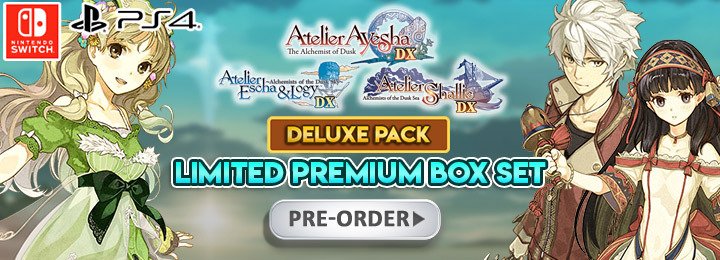 Atelier Dusk Trilogy Deluxe Pack, Atelier, PS4, Switch, PlayStation 4, Nintendo Switch, US, North America, Japan, Europe, Asia, release date, gameplay, features, price, pre-order, Limited Edition, Atelier Ayesha: The Alchemist of Dusk, Atelier Escha & Logy: Alchemists of the Dusk Sky, Atelier Shallie: Alchemists of the Dusk Sea, Koei Tecmo Games, Gust