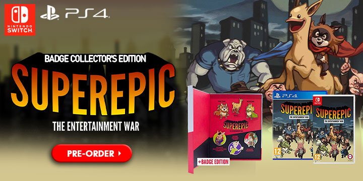 SuperEpic: The Entertainment War [Badge Collector's Edition], PS4, PlayStation 4, Nintendo Switch, Europe, release date, features, price, pre-order now, trailer, SuperEpic Badge Collector's Edition, Undercoders, Numskull Games, SuperEpic: The Entertainment War