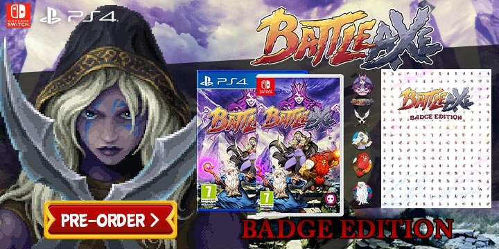 Battle Axe, Numskull Games, Henk Nieborg, PS4, PlayStation 4, Nintendo Switch, Switch, Europe, US, North America, release date, price, pre-order, features, Trailer, Screenshots, Battle Axe Badge Edition, Battle Axe [Badge Edition], Badge Edition